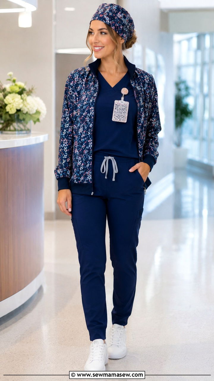 Navy Blue Scrub Set with Printed Liner Jacket - 30 Spring outfit ideas for nurse