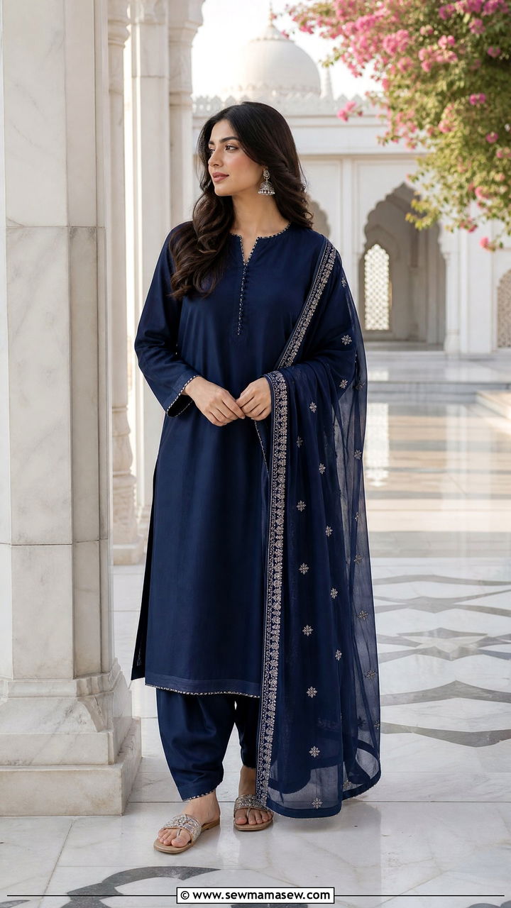 Navy Blue Shalwar Kameez With Silver Kolhapuri Flats - 25 March Ramadan outfit ideas