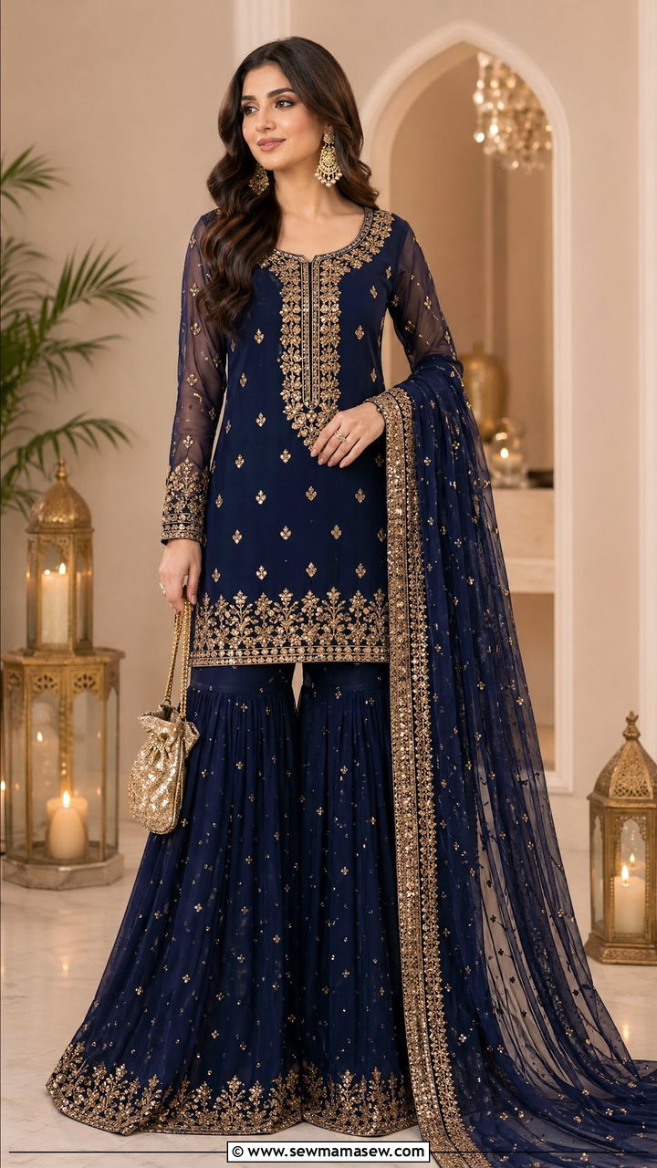 Navy Blue Sharara Suit with Sequined Dupatta - 35 Eid outfit ideas for moms
