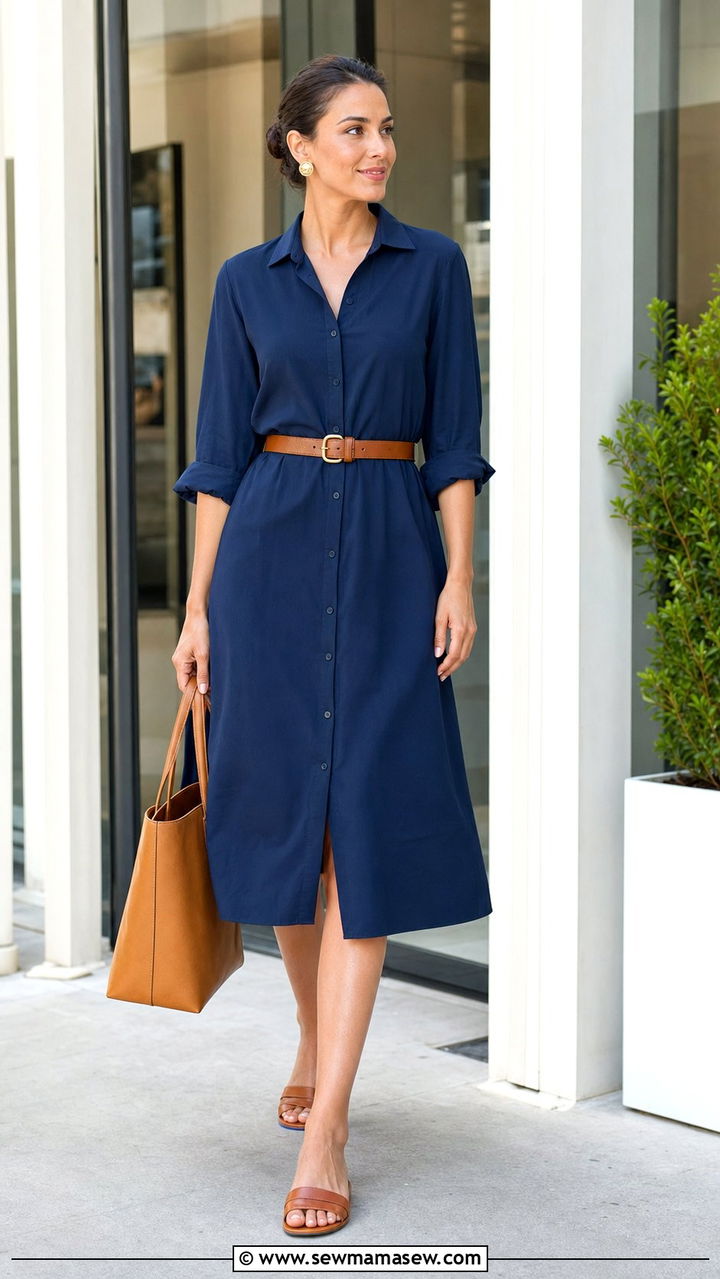 Navy Blue Shirtdress With Tan Belt And Sandals - 35 Blue dress outfit ideas summer 2026