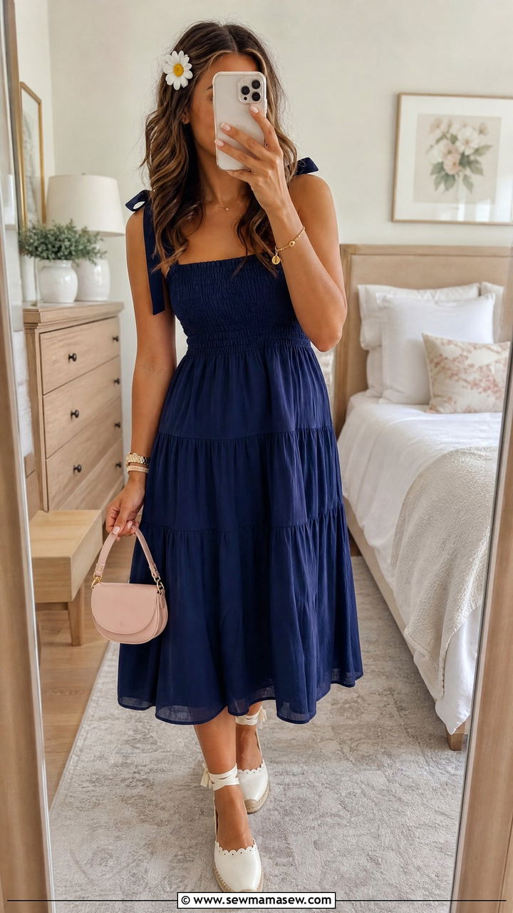 Navy Blue Smocked Sundress With Espadrilles - 30 Summer outfits in navy blue