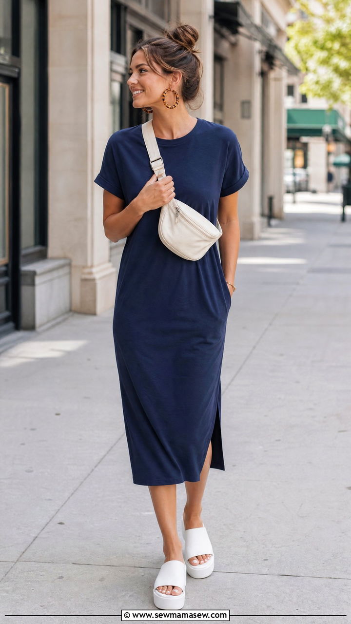 Navy Blue T Shirt Dress With Platform Sandals - 30 Summer outfits in navy blue