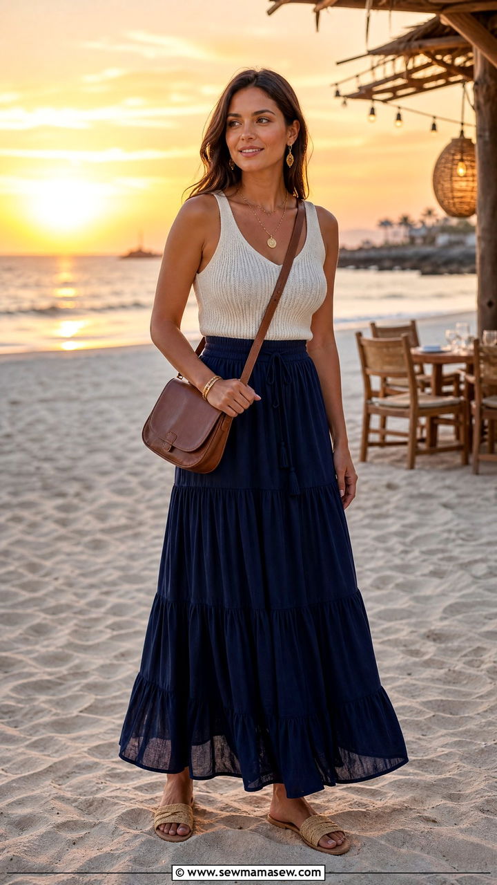 Navy Blue Tiered Maxi Skirt With Knit Tank Top - 30 Summer outfits in navy blue