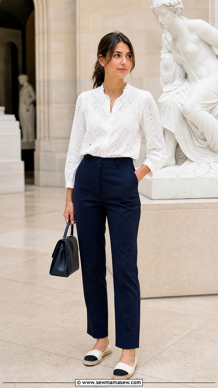 Navy Blue Trousers With A White Eyelet Blouse - 30 summer trousers outfit ideas