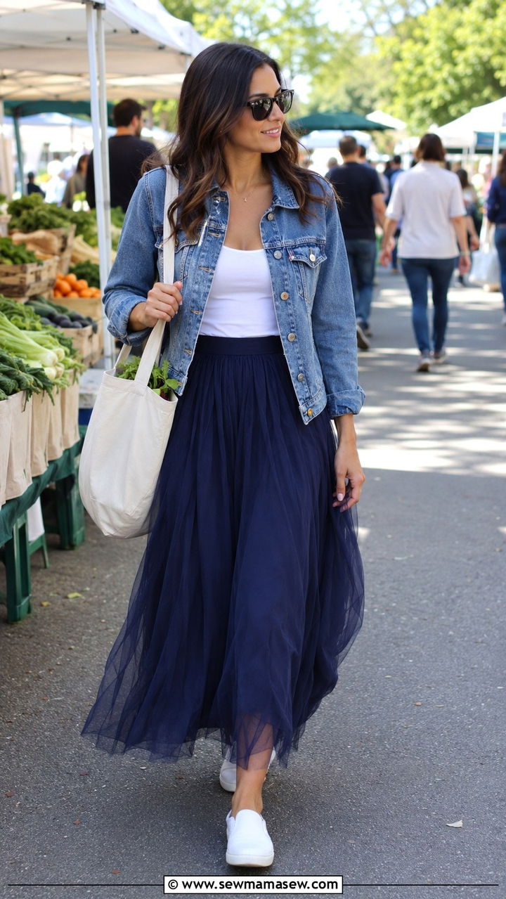 Navy Blue Tulle Maxi Skirt With Denim Jacket And Slip On Sneakers - 25 Tulle skirt outfit ideas with sneakers