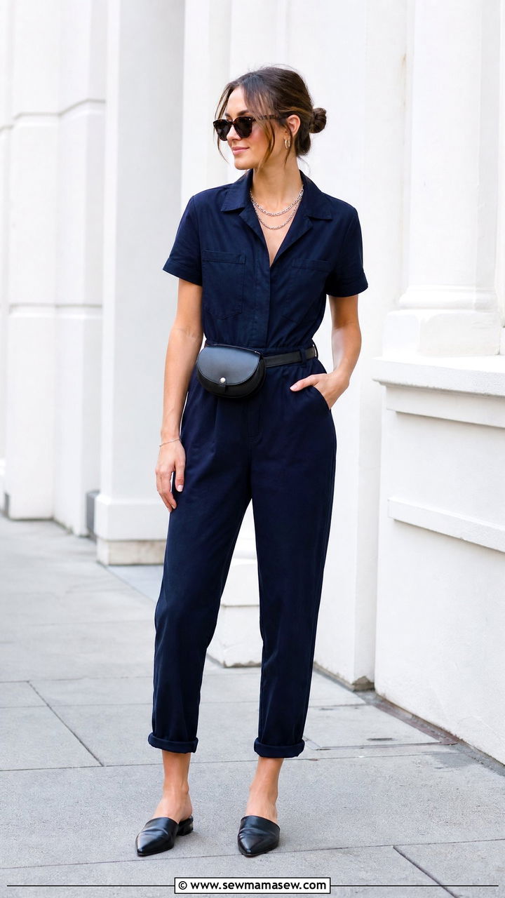 Navy Blue Utility Jumpsuit With Flat Mules - 30 Summer outfits in navy blue