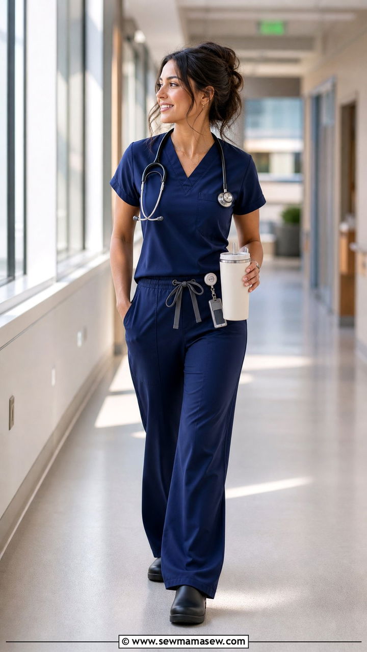Navy Blue V Neck Scrub Top With Wide Leg Pants - 25 Summer nurse outfits
