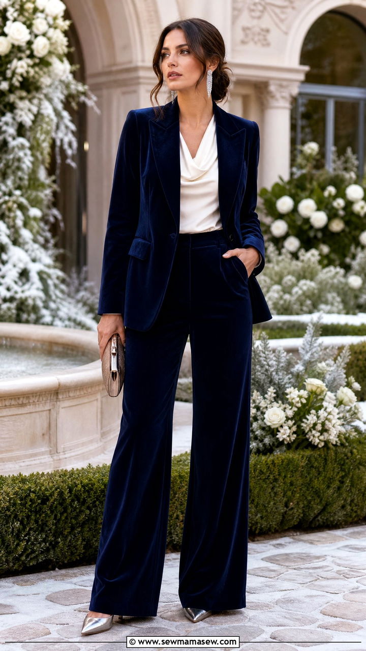 Navy Blue Velvet Blazer and Wide Leg Trousers - 25 Velvet matching set outfit ideas