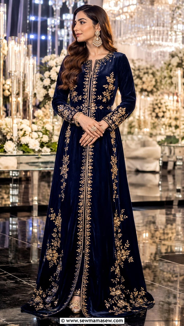 Navy Blue Velvet Maxi Dress With Full Sleeves - 25 Modest outfit ideas for Walima