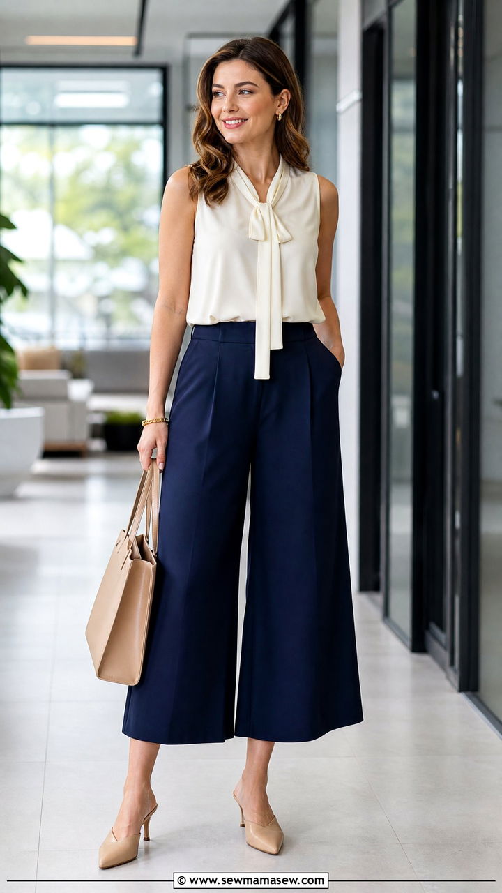 Navy Blue Wide Leg Culottes With Sleeveless Blouse - 30 Summer outfits in navy blue