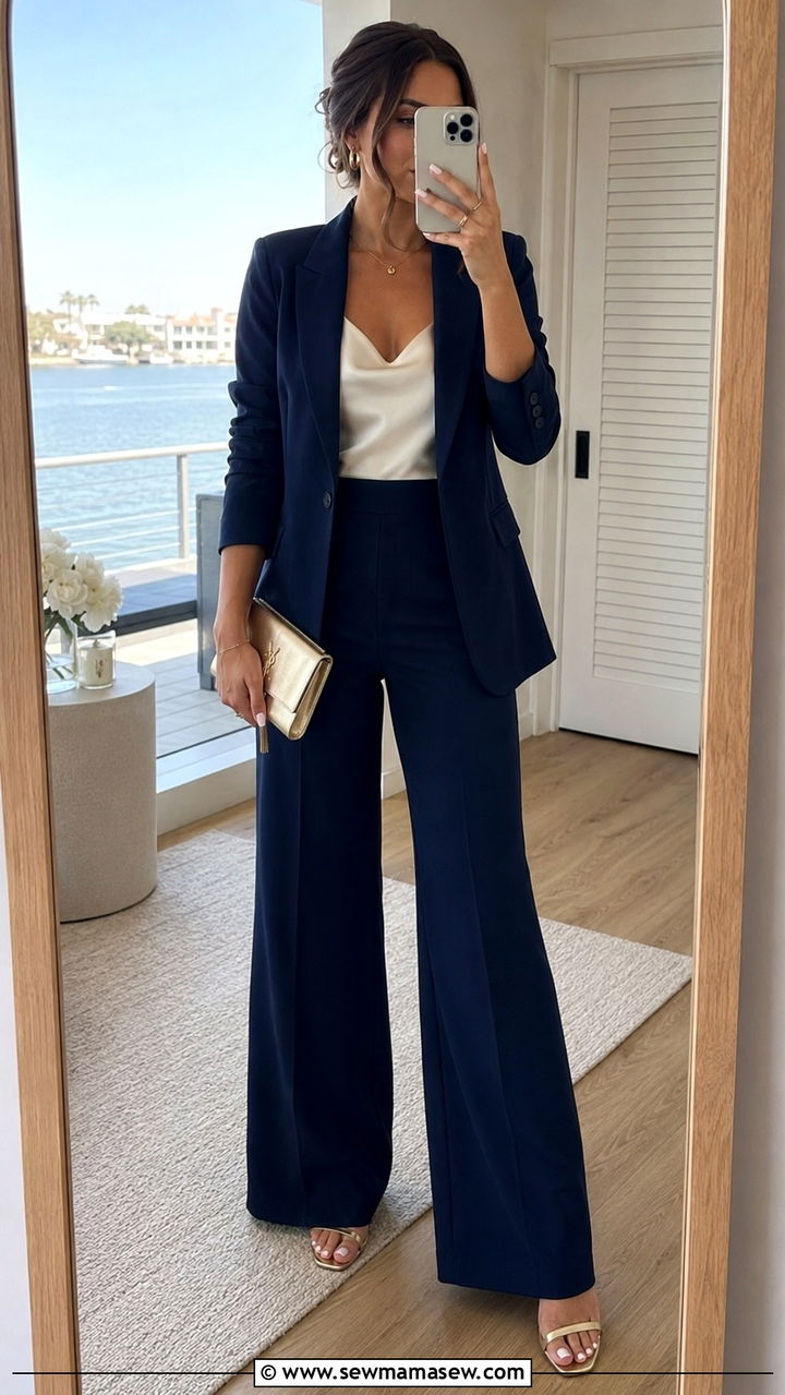 Navy Blue Wide Leg Pantsuit With Metallic Sandals - 25 Wedding guest pantsuit outfit ideas
