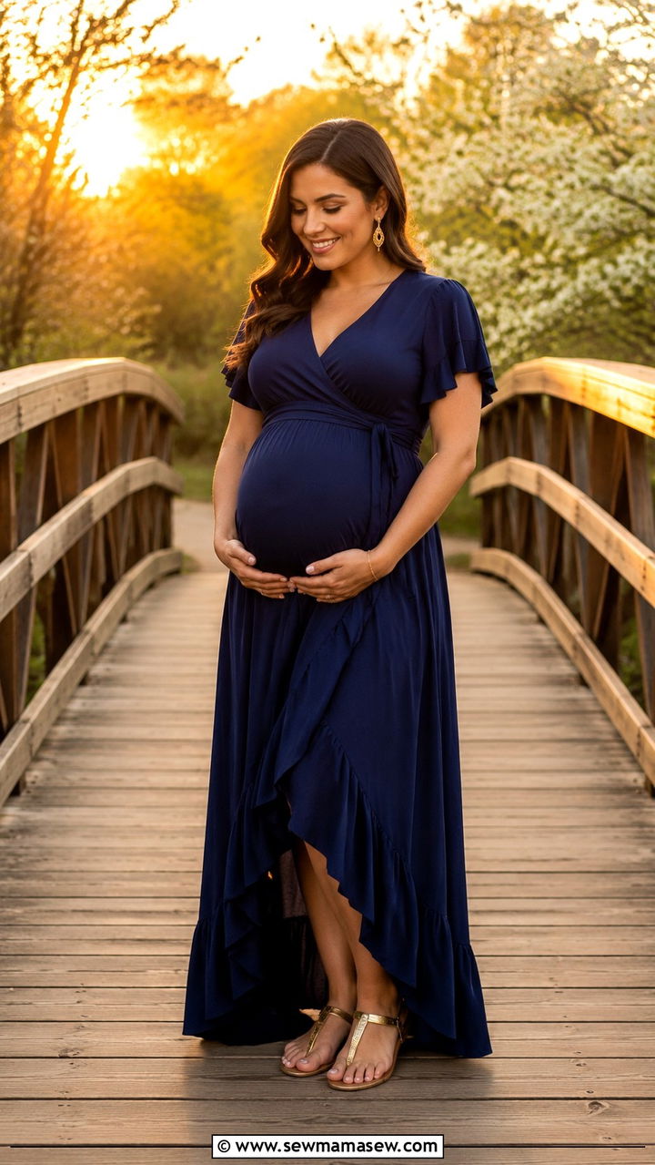 Navy Blue Wrap Dress With Gold Sandals - 30 Spring maternity photo outfits