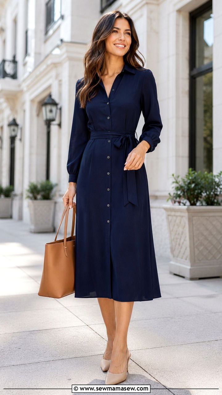 Navy Button Down Midi Dress With Slingback Heels - 30 Midi dress for work outfit ideas