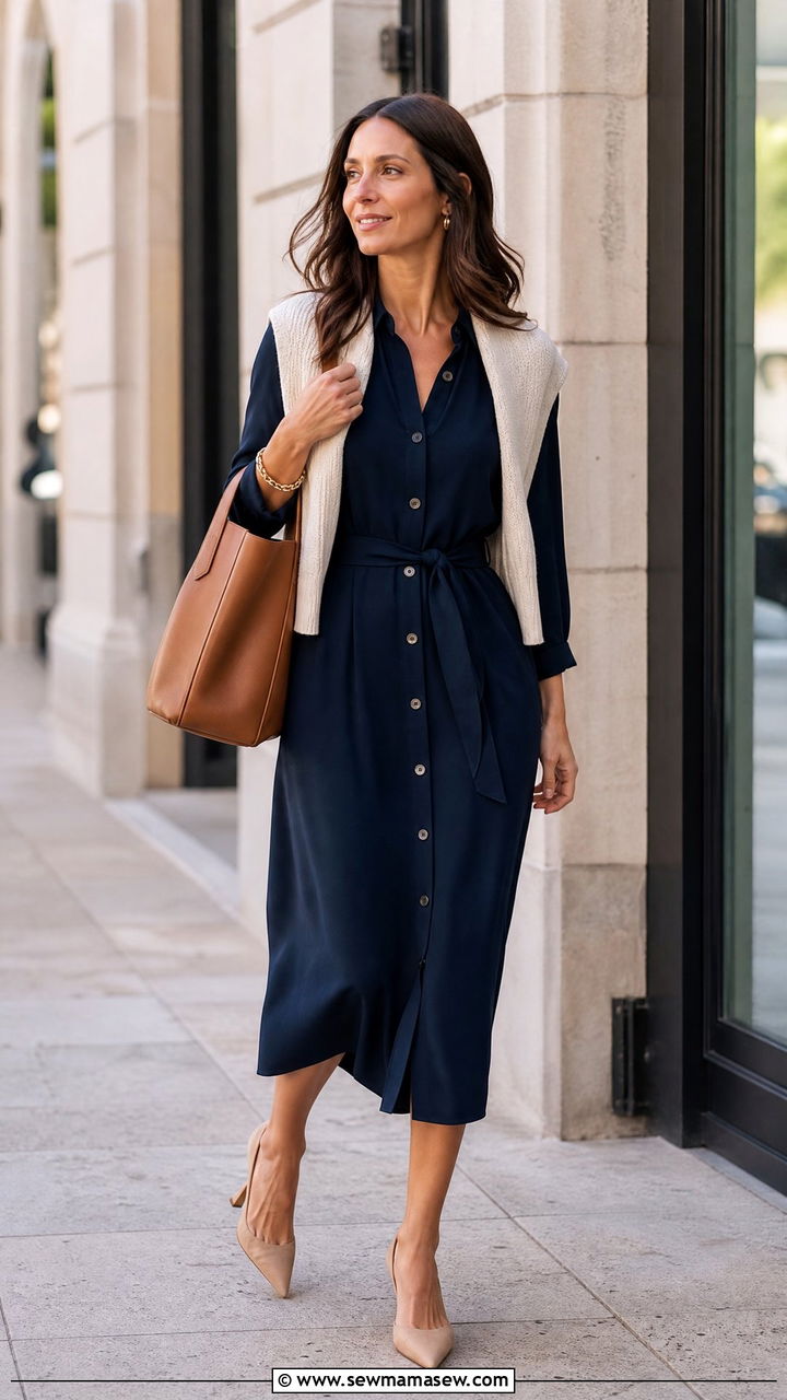 Navy Button Down Midi Dress With Slingback Heels - 25 Business casual outfits with midi dress