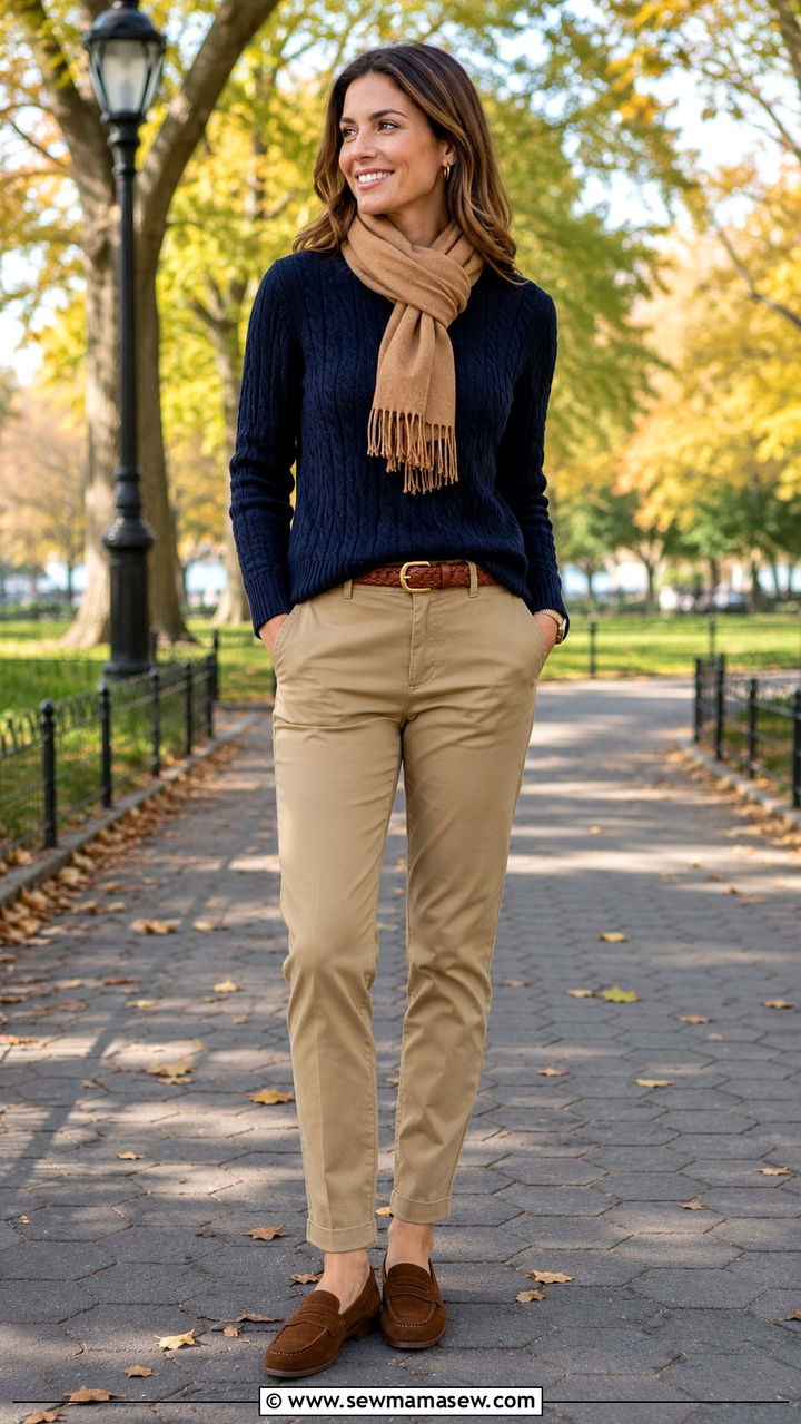 Navy Cable Knit Crewneck with Beige Chinos and Loafers - 25 Old money outfit ideas with cable knit