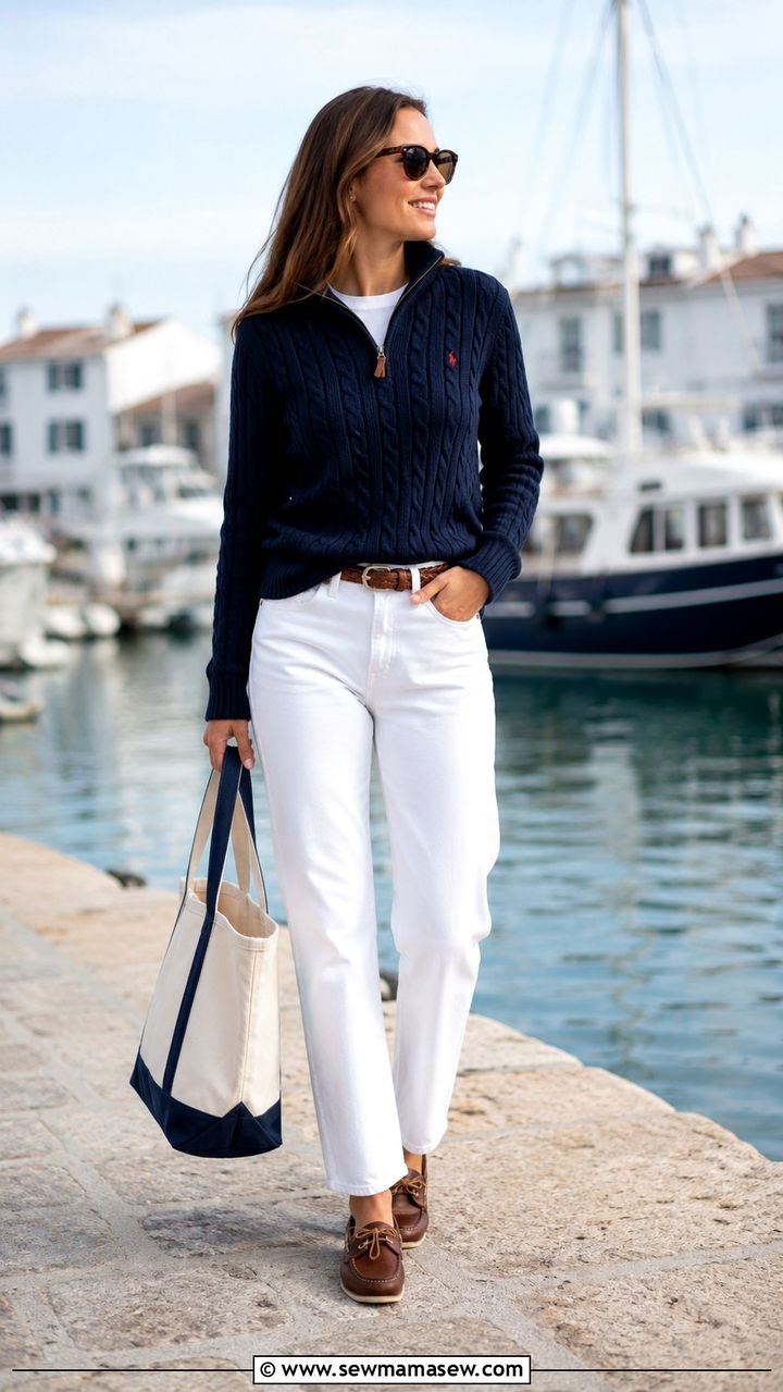 Navy Cable Knit Half Zip with White Denim and Boat Shoes - 25 Old money outfit ideas with cable knit