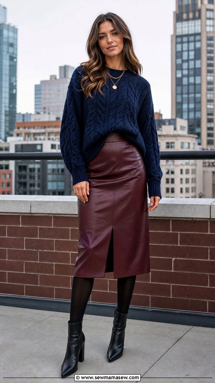 Navy Cable Knit Sweater with Burgundy Leather Skirt - 25 Navy and burgundy outfit ideas