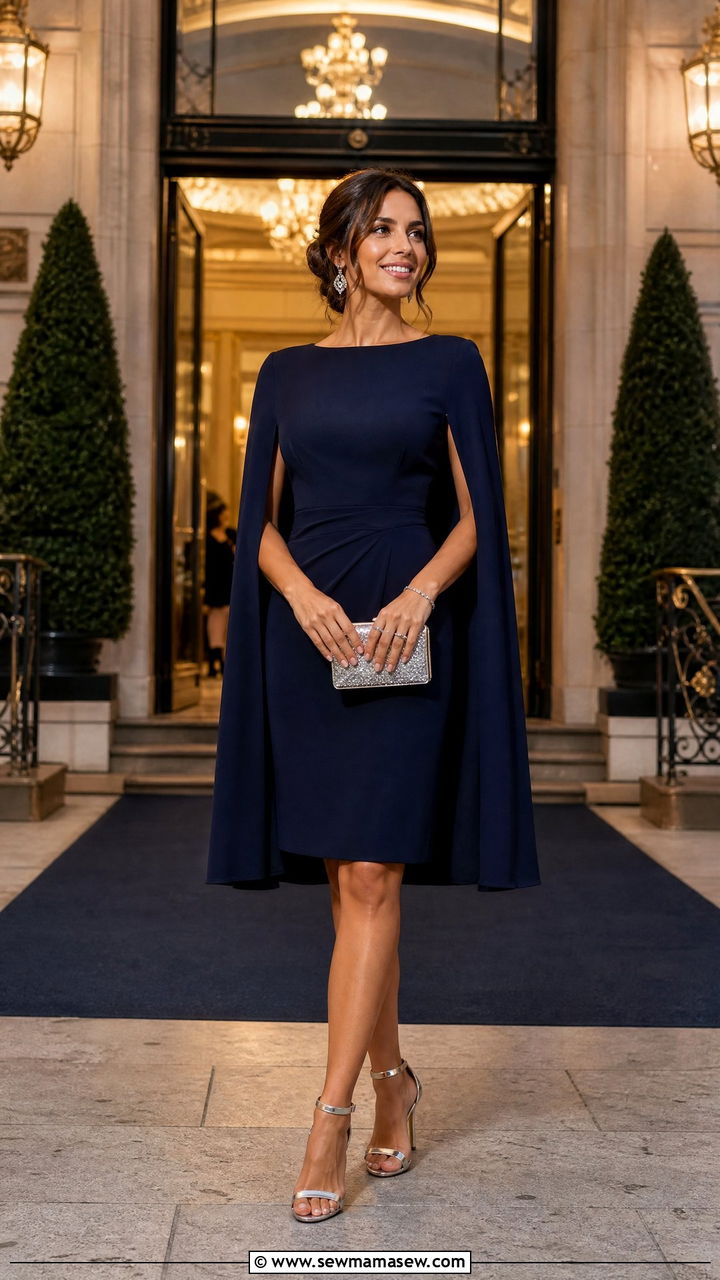 Navy Cape Cocktail Dress - 30 Festive attire wedding guest outfit ideas