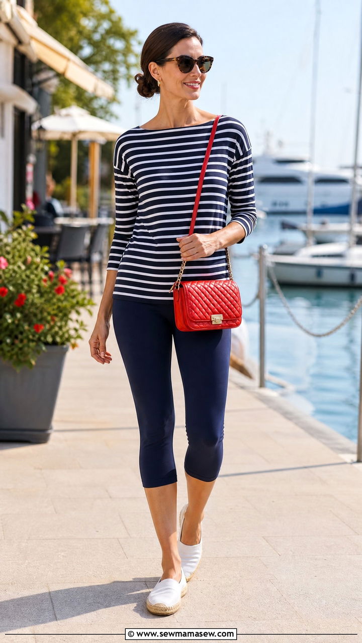 Navy Capri Leggings With Striped Boat Neck Top - 30 Summer outfits with leggings