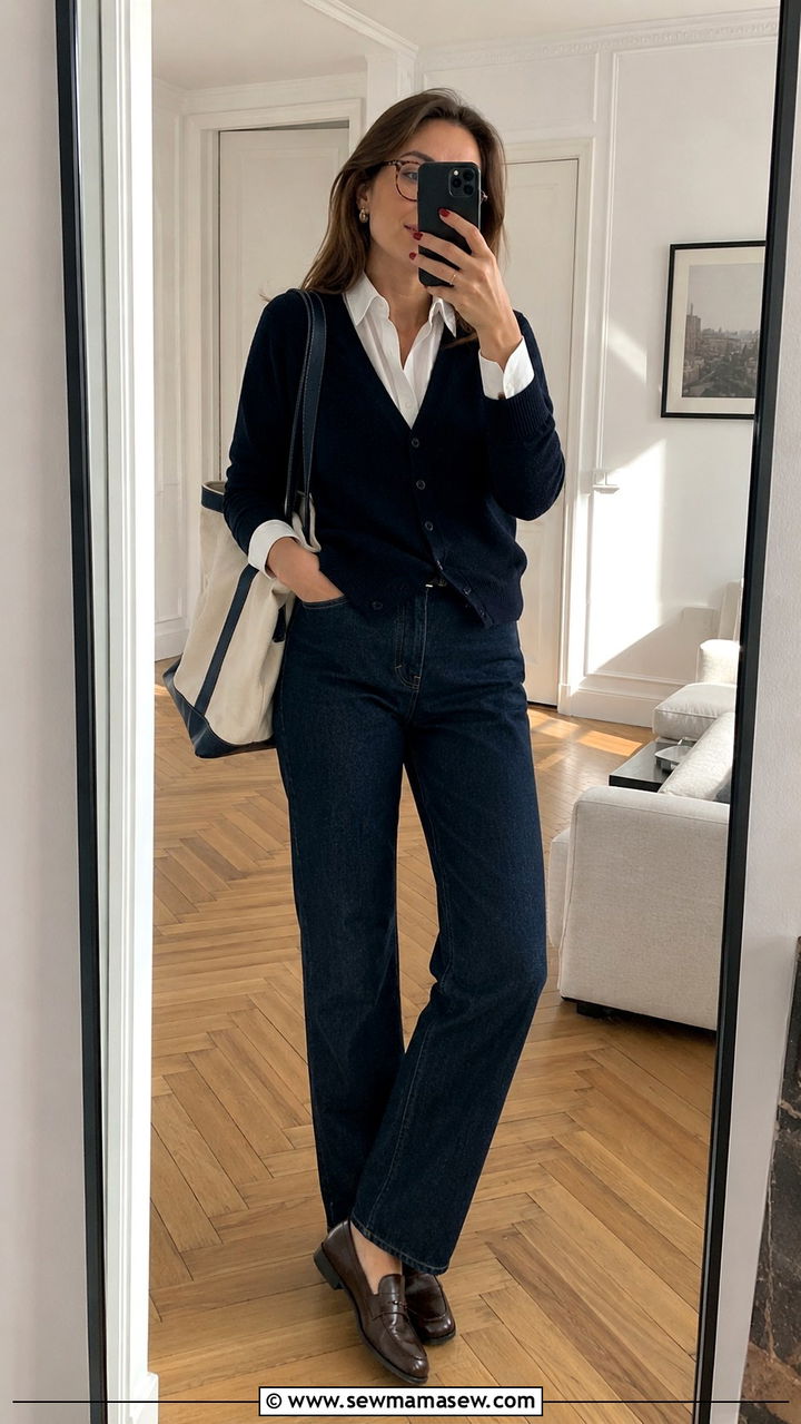 Navy Cardigan Over A White Collared Shirt And Straight Leg Jeans - 30 Parisian work outfits