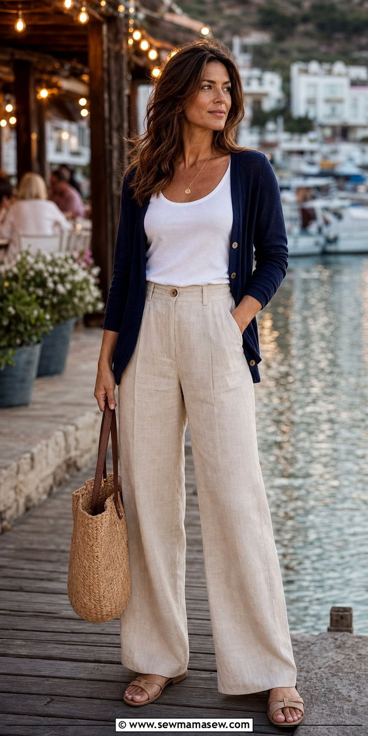 Navy Cardigan White Tank and Beige Wide Leg Pants - 25 Summer coastal grandmother outfits 2026