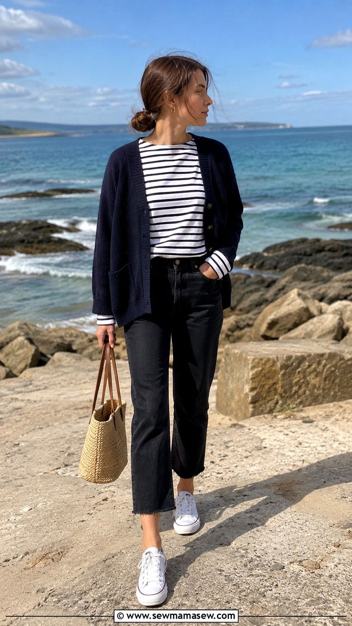 Navy Cardigan With Black Jeans And Striped Top - 25 Black jeans outfit ideas with a cardigan