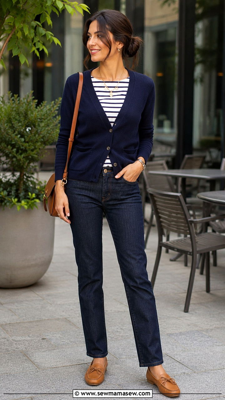 Navy Cardigan With Striped Tee And Dark Jeans Outfit - 30 casual business casual outfits