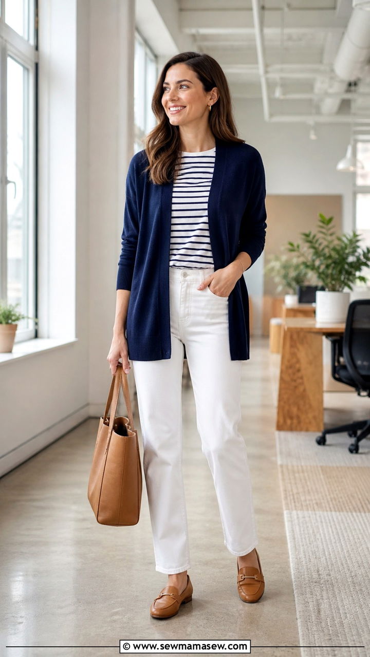 Navy Cardigan With Striped Tee and White Jeans - 40 business casual outfits