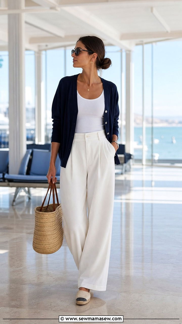 Navy Cardigan With White Trousers - 35 Airport outfit ideas old money