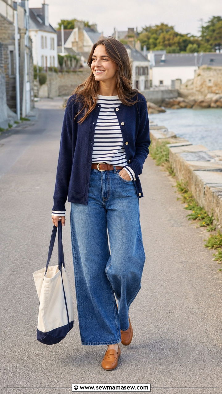 Navy Cardigan With Wide Leg Jeans and Striped Tee - 25 Wide leg jeans outfit ideas with a cardigan