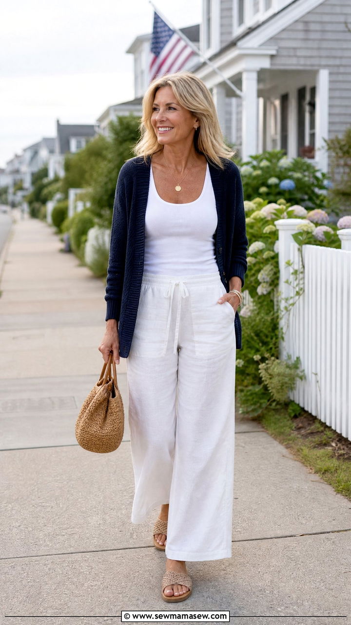 Navy Cardigan and White Wide Leg Pants - 25 casual coastal grandmother outfits