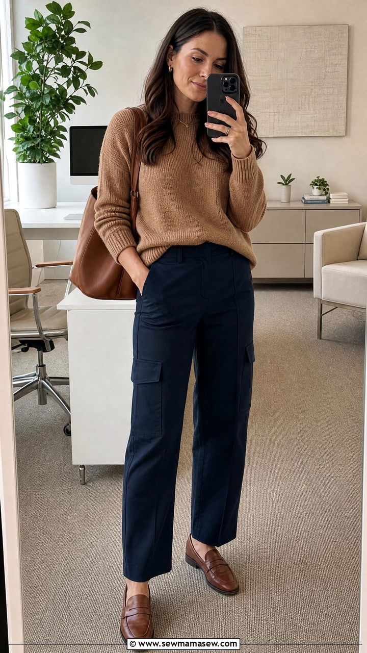 Navy Cargo Pants With A Camel Knit Sweater And Loafers - 25 Cargo pants outfit ideas for work