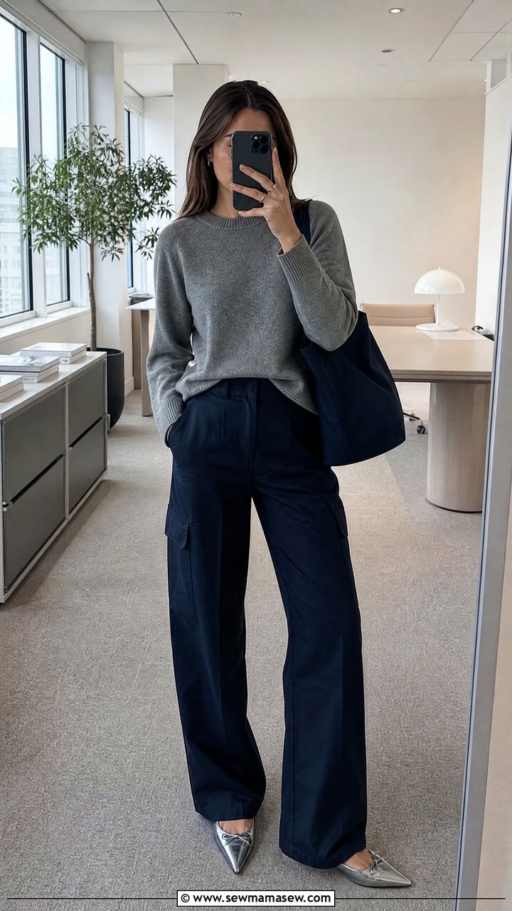 Navy Cargo Pants With A Grey Cashmere Sweater And Silver Flats - 25 Cargo pants outfit ideas for work