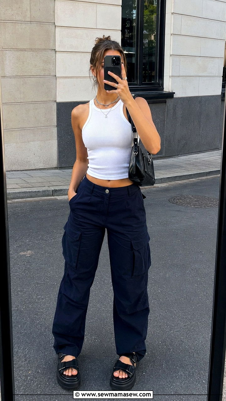 Navy Cargo Pants with Fitted White Tank Outfit - 30 navy outfit ideas for women
