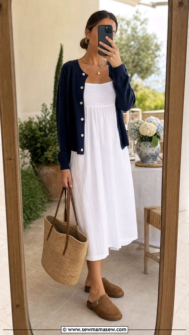 Navy Cashmere Cardigan Over White Midi Dress - 25 coastal grandmother capsule wardrobe outfits