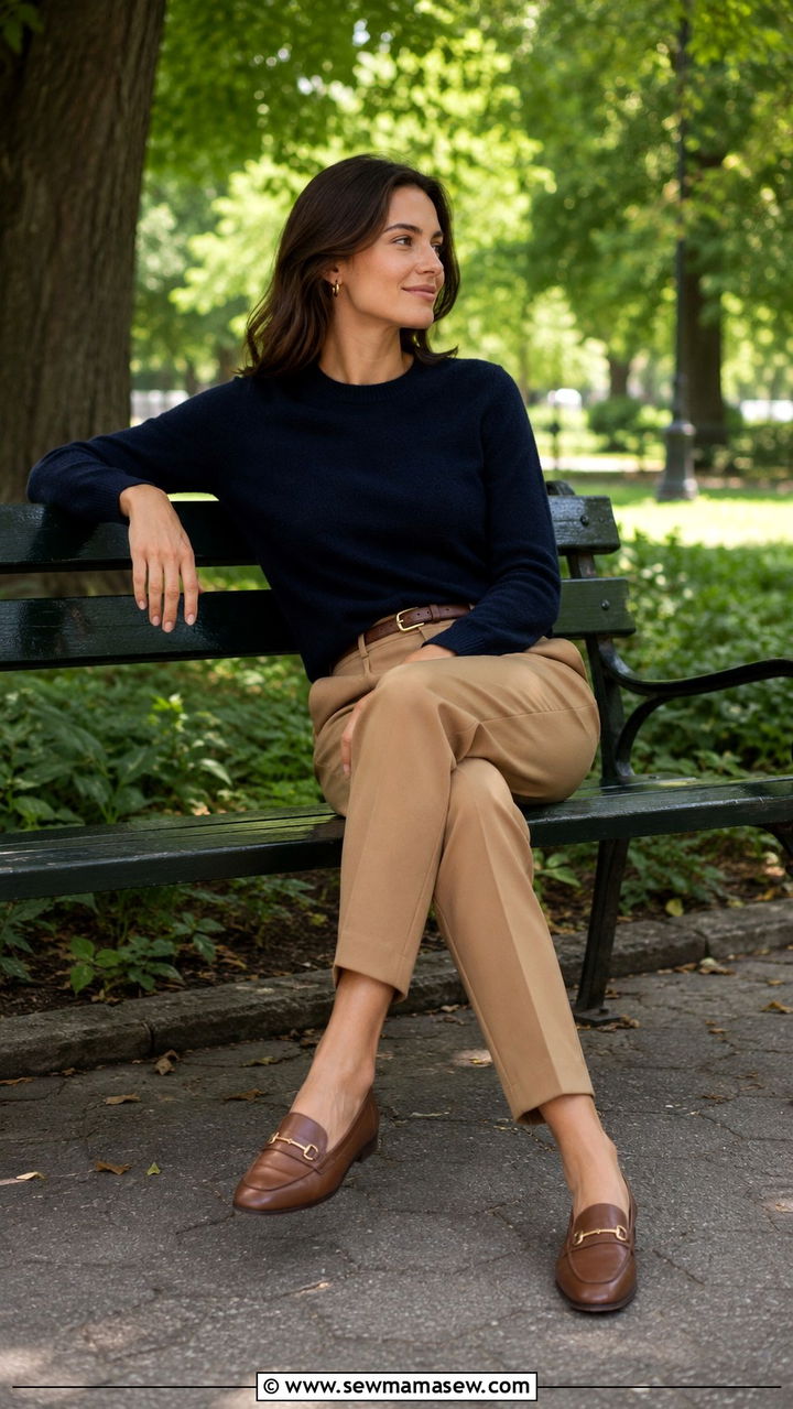 Navy Cashmere Crewneck With Camel Tailored Trousers - 30 Quiet luxury capsule wardrobe