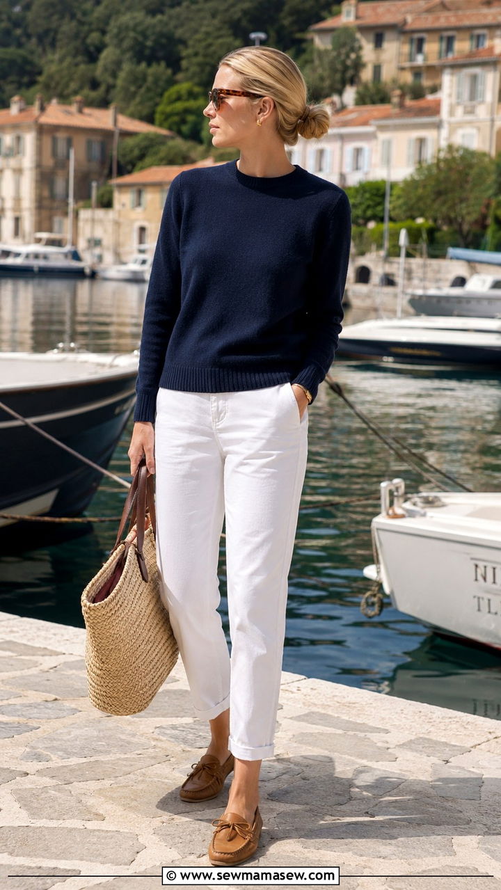 Navy Cashmere Crewneck and White Chinos with Driving Mocs - 30 old money capsule wardrobe outfits