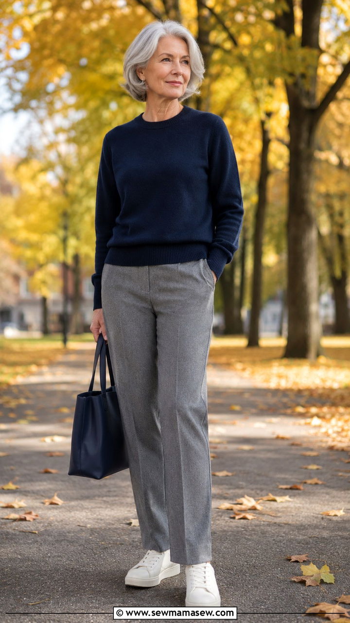 Navy Cashmere Crewneck with Grey Tailored Trousers - 30 Minimalist outfits for women over 60