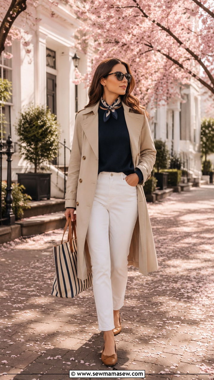 Navy Cashmere Crewneck with White Jeans and Trench Coat - 25 Old money outfit ideas with cashmere sweater