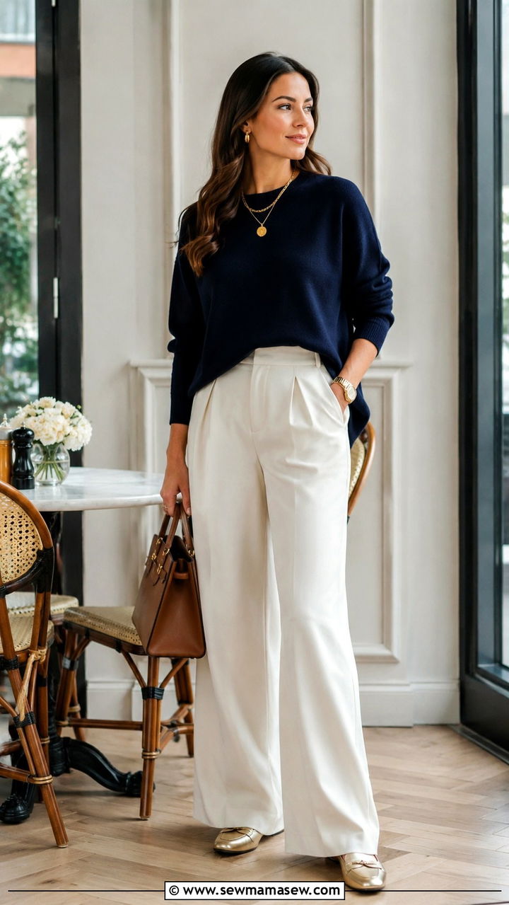 Navy Cashmere Sweater With Cream Wide Leg Trousers And Gold Loafers - 25 Old money outfit ideas with gold jewelry