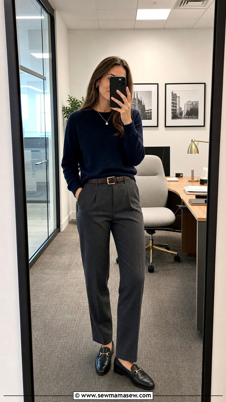 Navy Cashmere Sweater and Grey Flannel Trousers Work Outfit - 25 Stealth wealth outfit ideas for work
