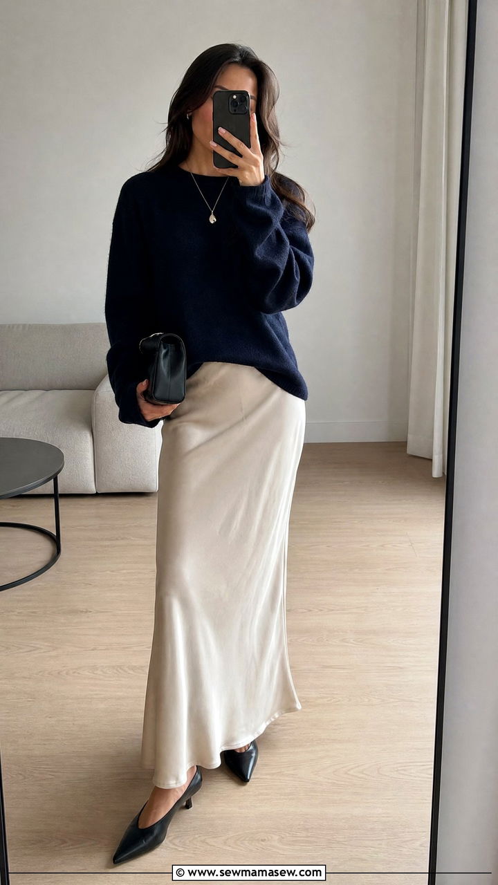 Navy Cashmere Sweater and Satin Maxi Skirt - 30 model off duty outfits for women