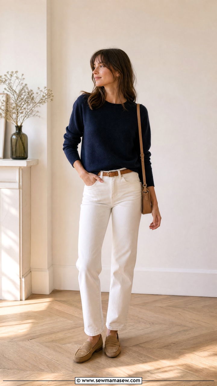 Navy Cashmere Sweater and White Jeans - 30 french girl capsule wardrobe outfits