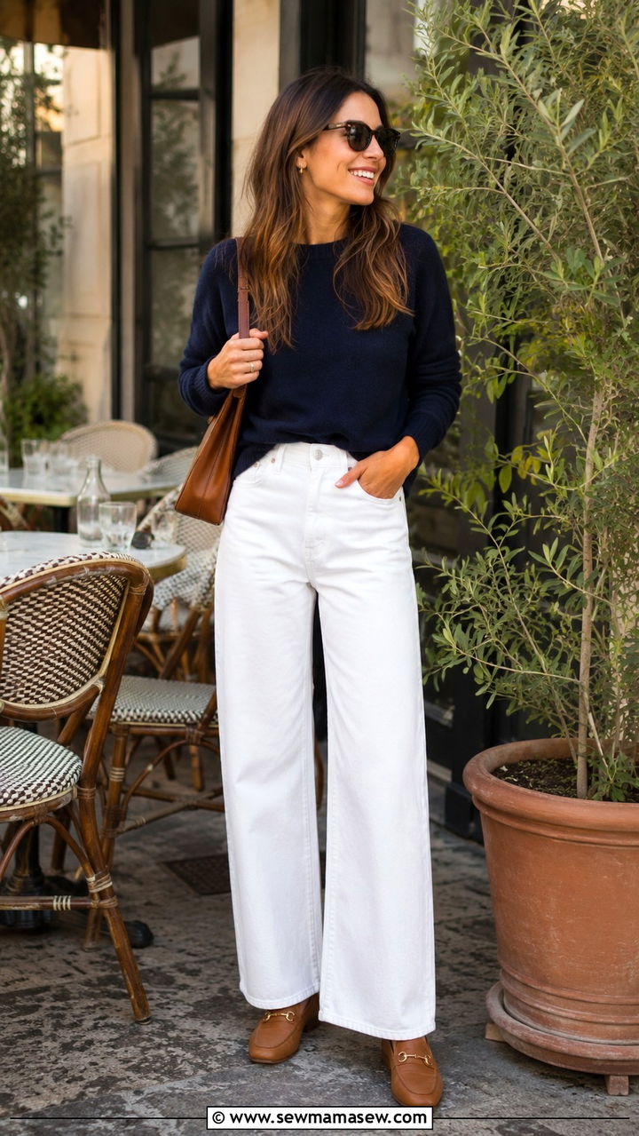 Navy Cashmere Sweater and White Wide Leg Jeans Outfit - 30 Quiet luxury wardrobe essentials