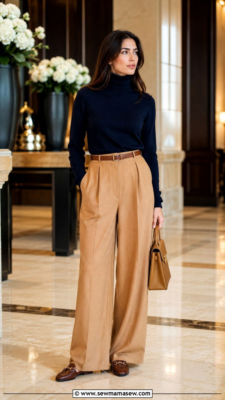 Navy Cashmere Turtleneck with Camel Wool Trousers - 30 quiet luxury outfits aesthetic