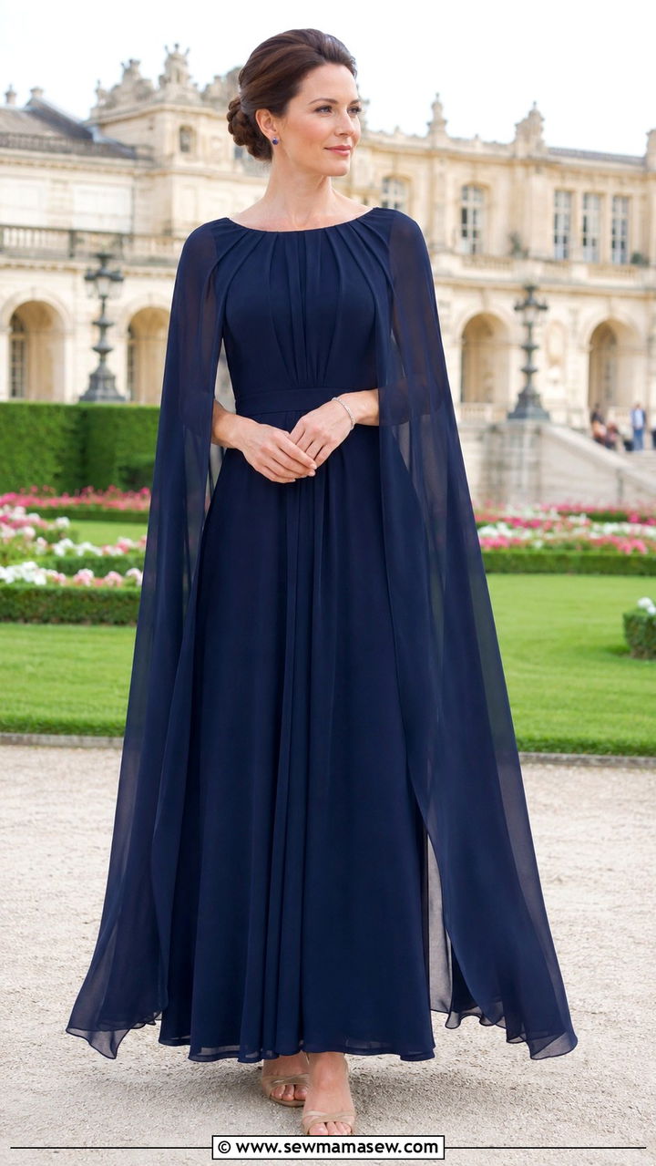 Navy Chiffon Cape Dress With Minimal Sandals - 30 Opera outfit ideas