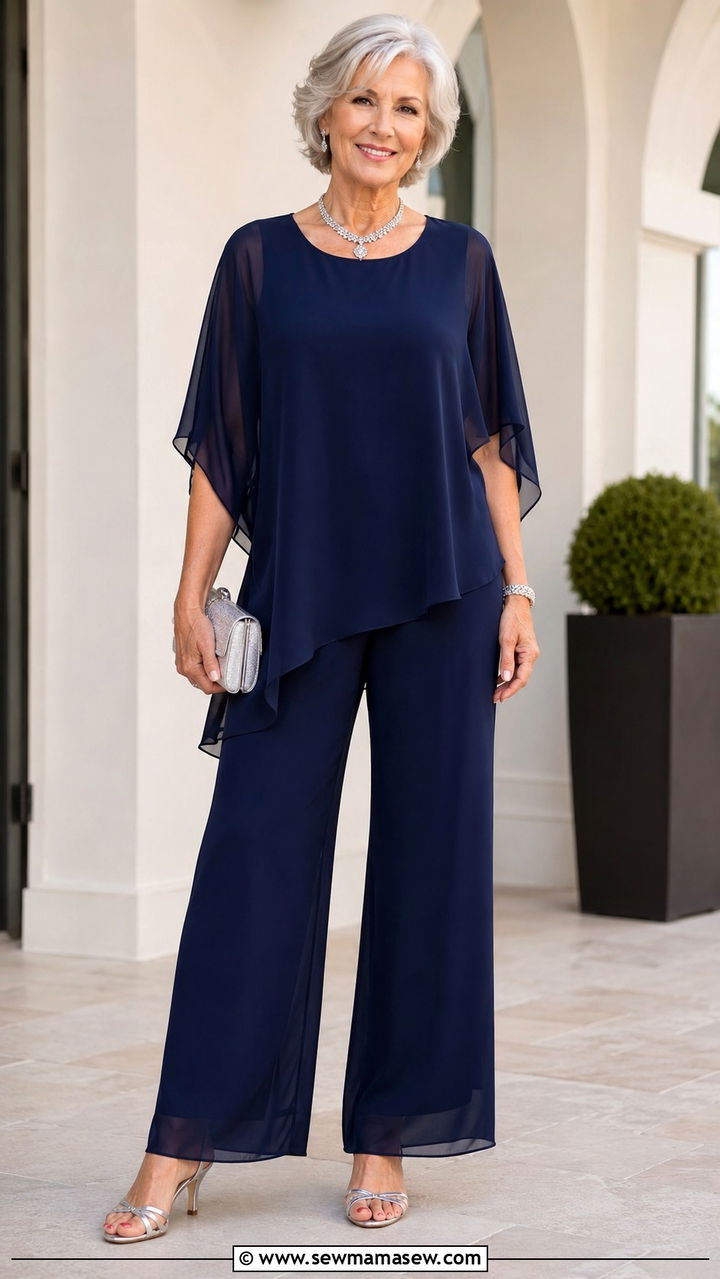 Navy Chiffon Pant Suit For Wedding Guest - 20 Wedding guest outfit ideas for 70 year old