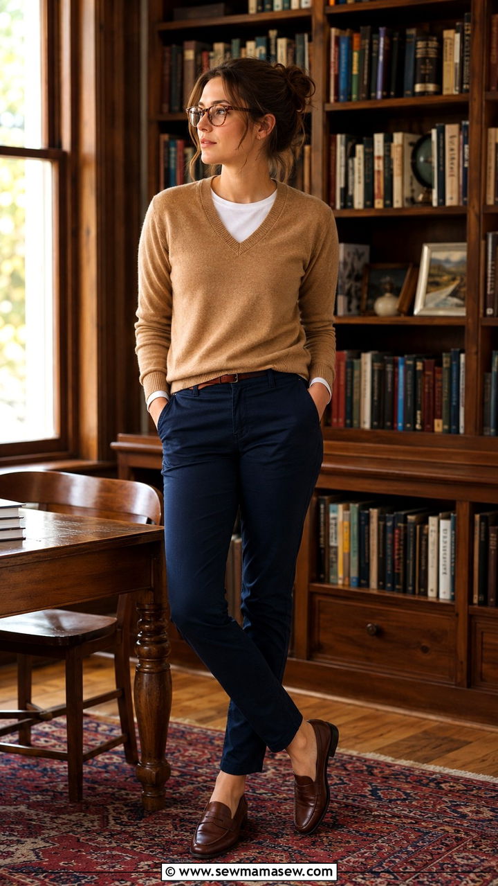 Navy Chinos With Camel V Neck Sweater and Leather Loafers - 25 Old money outfit ideas with chinos