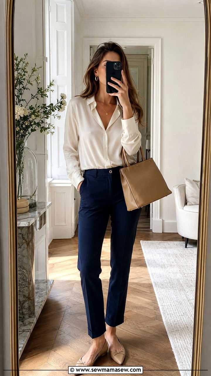 Navy Chinos With Cream Silk Blouse and Gold Accessories - 25 Old money outfit ideas with chinos