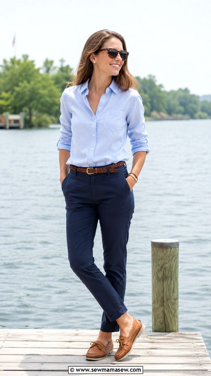Navy Chinos With Light Blue Oxford and Tan Boat Shoes - 25 Old money outfit ideas with chinos
